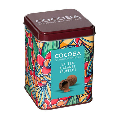 Cocoba salted caramel truffles tin with colorful design on a white background
