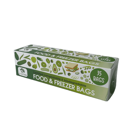 Box of food and freezer bags with green and white design on a white background