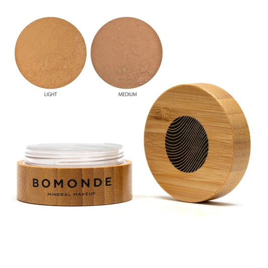 Bomonde mineral makeup jar with wooden lid and color swatches on a white background