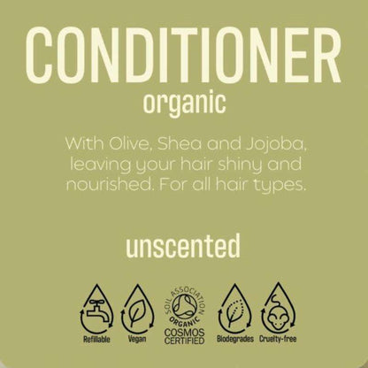 Label for Body and Hair ORGANIC and UNSCENTED Bulk conditioner highlighting natural ingredients and eco-friendly benefits