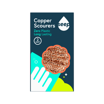 Pack of Copper Scourers by seep with a blue background
