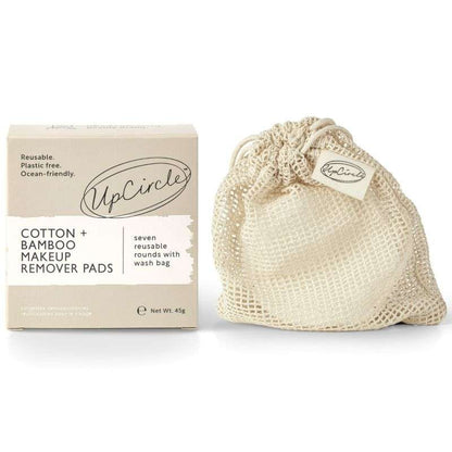 Cotton + Bamboo Makeup Wipes (7pcs) with reusable mesh wash bag, sustainable and plastic-free skincare essentials.