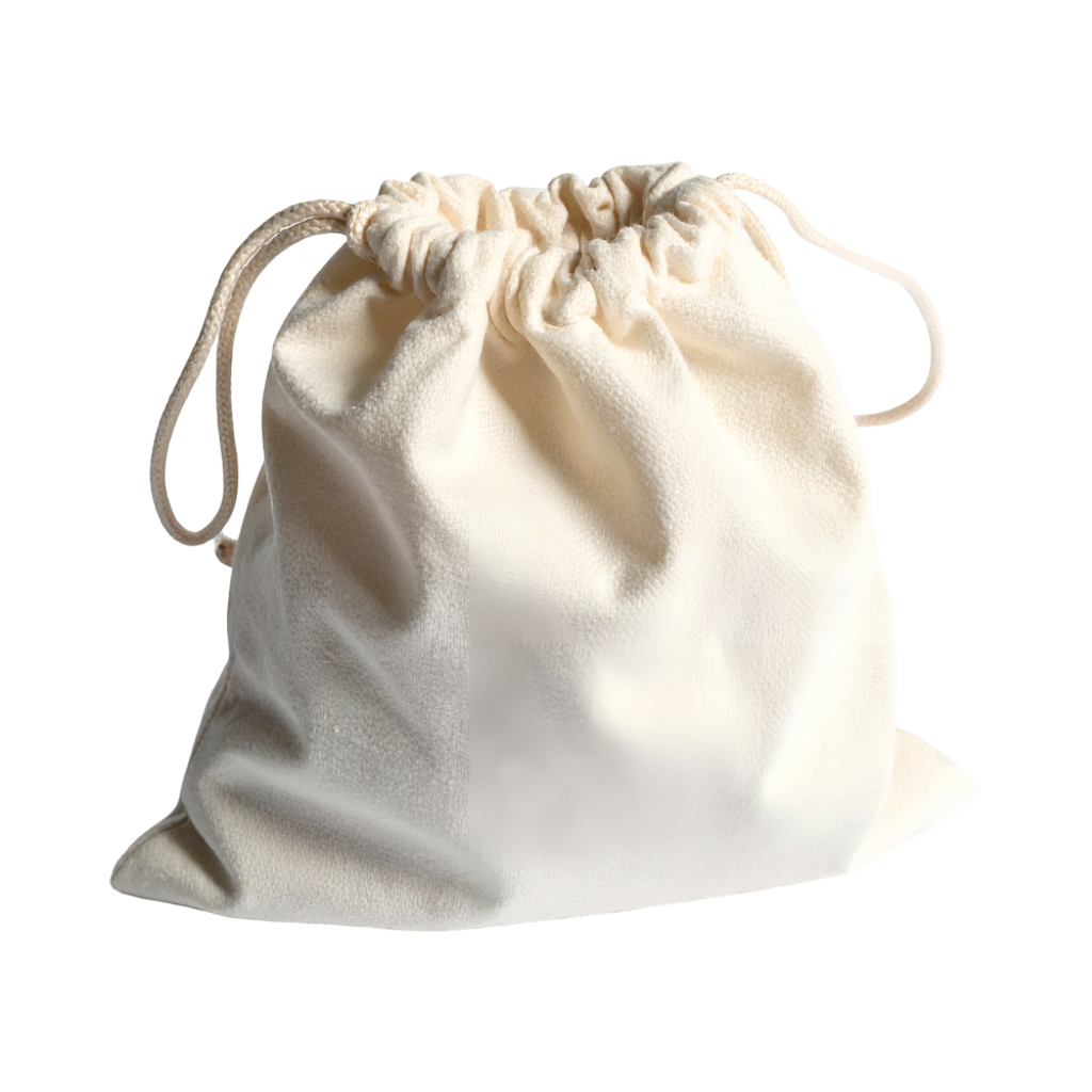 Beige drawstring bag on a white background