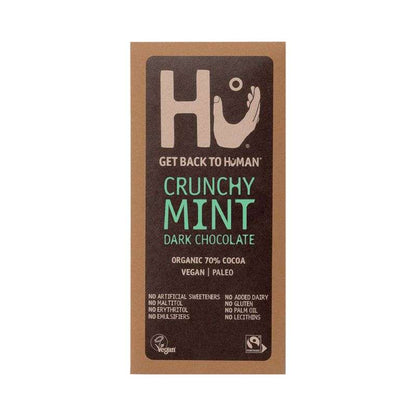 Dark Chocolate ORGANIC (60g) bar with crunchy mint, vegan, paleo, and ethical sustainable packaging design.