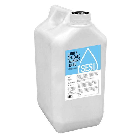 White container of hand and delicate laundry liquid with a blue label on a white background