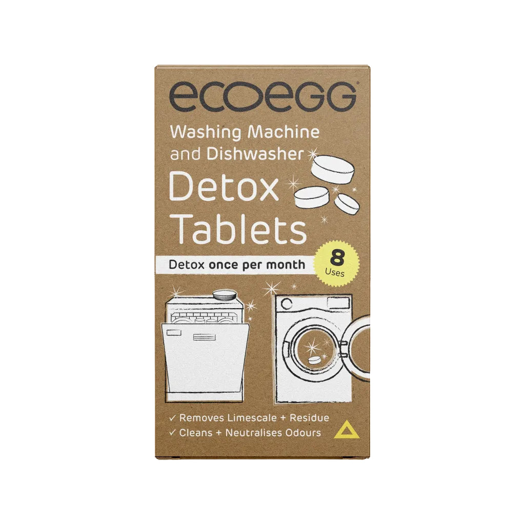 Box of ecoegg Detox Tablets for washing machines and dishwashers on a brown background