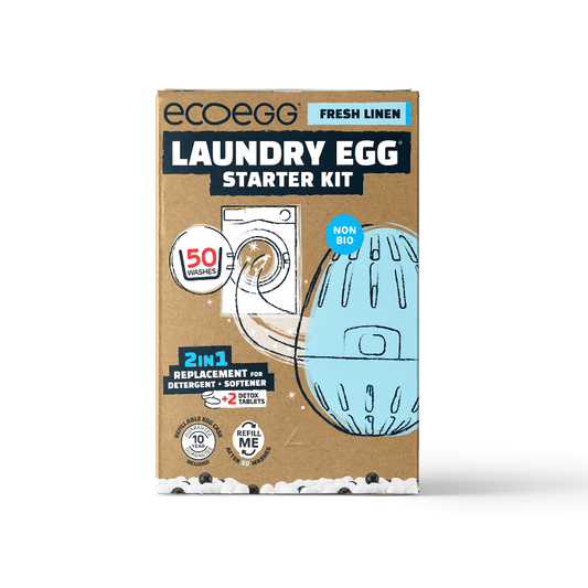 Packaging of ecoegg Laundry Egg Starter Kit, showing the product and its features.