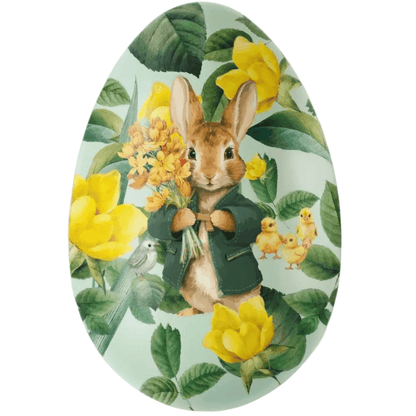 Refillable Easter Egg Tin featuring a bunny holding flowers surrounded by yellow blossoms and chicks in spring leaves.