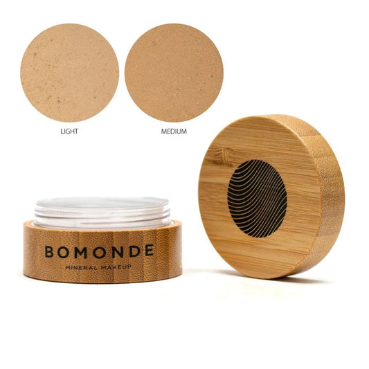 Bomonde mineral makeup jar with wooden lid and color swatches on a white background