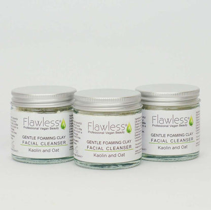 Three jars of Flawless Gentle Foaming Clay Facial Cleanser on a white background