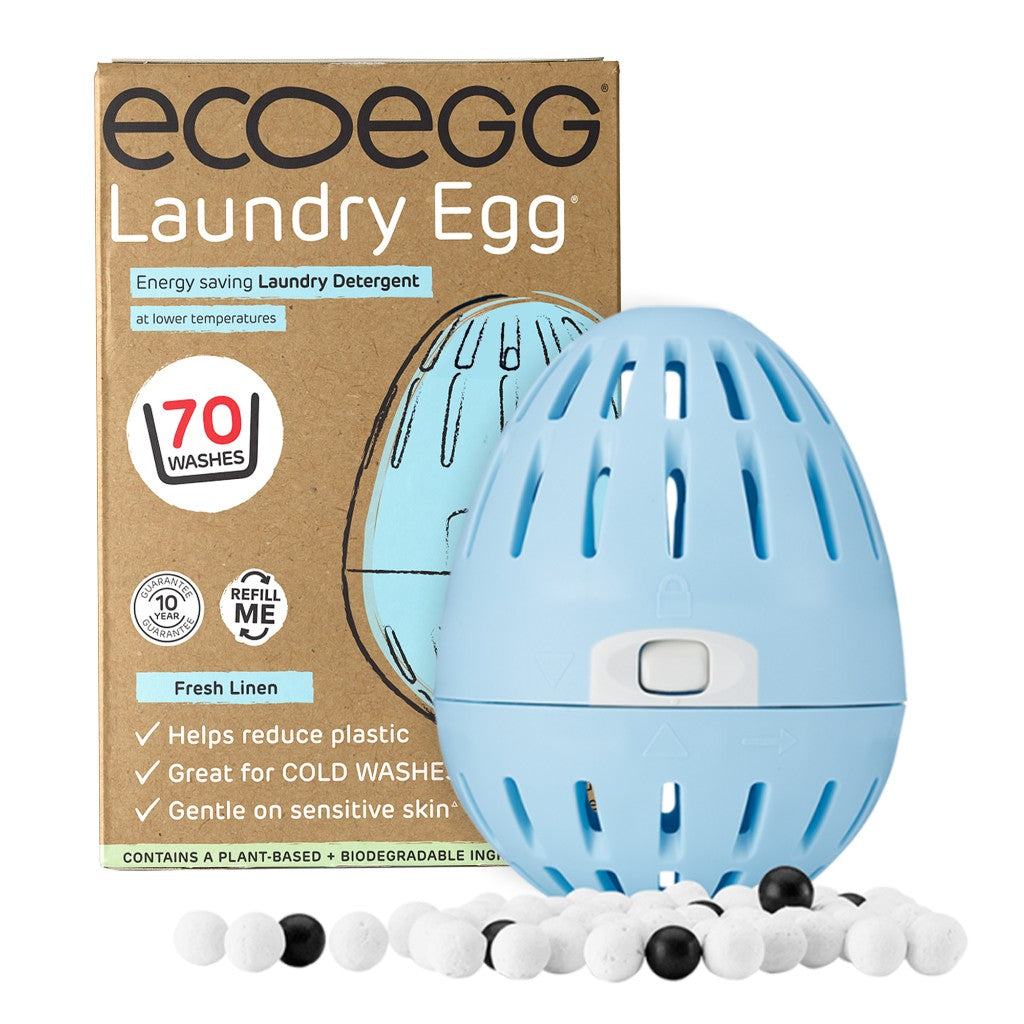 ecoEgg laundry detergent egg with packaging on a white background