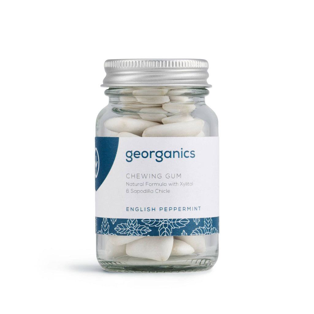 Jar of georganics chewing gum with a white background