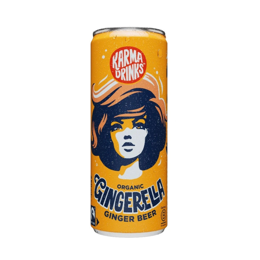 A single can of Karma Drinks Organic Gingerella Ginger Beer centered on a white document page, with a dark desktop background and browser interface visible around it.