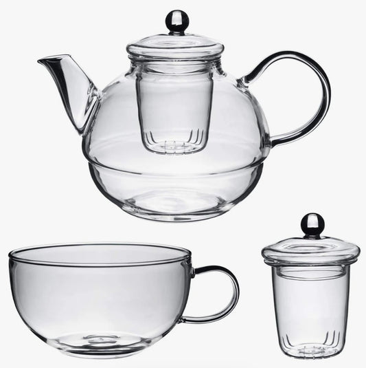 Glass Tea-For-One Tea Pot, Cup and Strainer Set