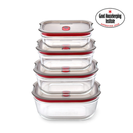A stack of four nested clear glass storage containers with gray lids and red silicone seals, shown on a white background with a Good Housekeeping Institute Approved 2026 badge in the top right corner.