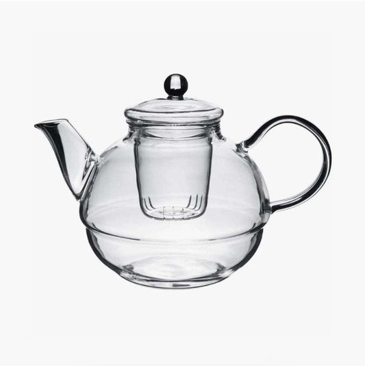 Clear glass teapot with integrated strainer and handle for brewing tea in the Glass Tea-For-One Tea Pot, Cup and Strainer Set
