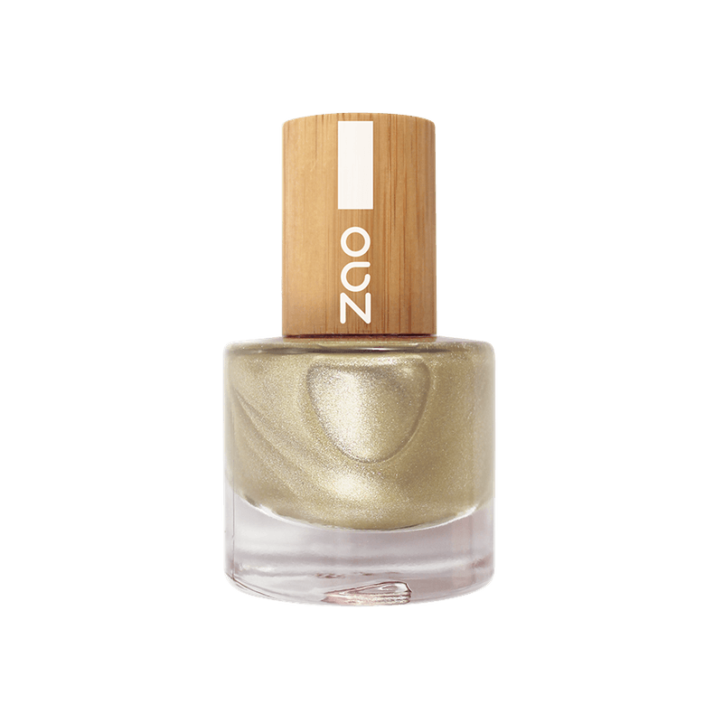 Nail Polish (8ml) in a shimmery gold shade with a natural bamboo cap, eco-friendly and stylish nail color option