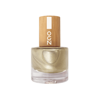 Nail Polish (8ml) in a shimmery gold shade with a natural bamboo cap, eco-friendly and stylish nail color option