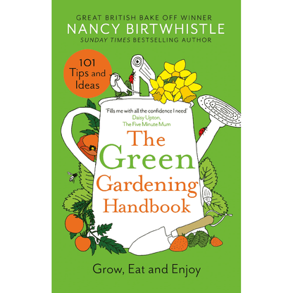 Cover of The Green Gardening Handbook (HB) featuring gardening tools, plants, and flowers on a bright green background