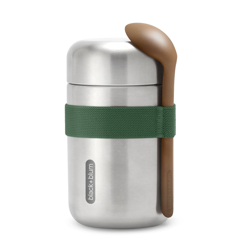 Stainless steel food container with a green strap and brown handle on a white background