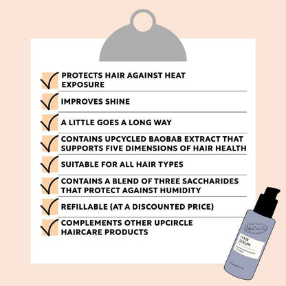 Hair serum product with features listed on a clipboard against a pink background