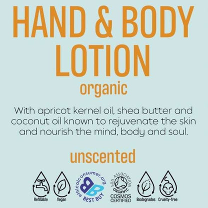Body and Hair ORGANIC and UNSCENTED Bulk lotion with natural oils, refillable, vegan, biodegradable, cruelty-free, organic certified.