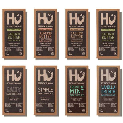 Eight varieties of Dark Chocolate ORGANIC (60g) bars with different natural flavors and nut butter fillings, cruelty-free and sustainable.