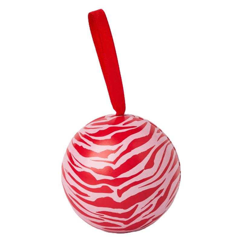 Red and white zebra-striped ball with a red ribbon on a white background