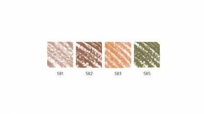 Close-up of four color swatches for Jumbo Pencil ORGANIC in natural earth tones and green shades with textured surfaces.