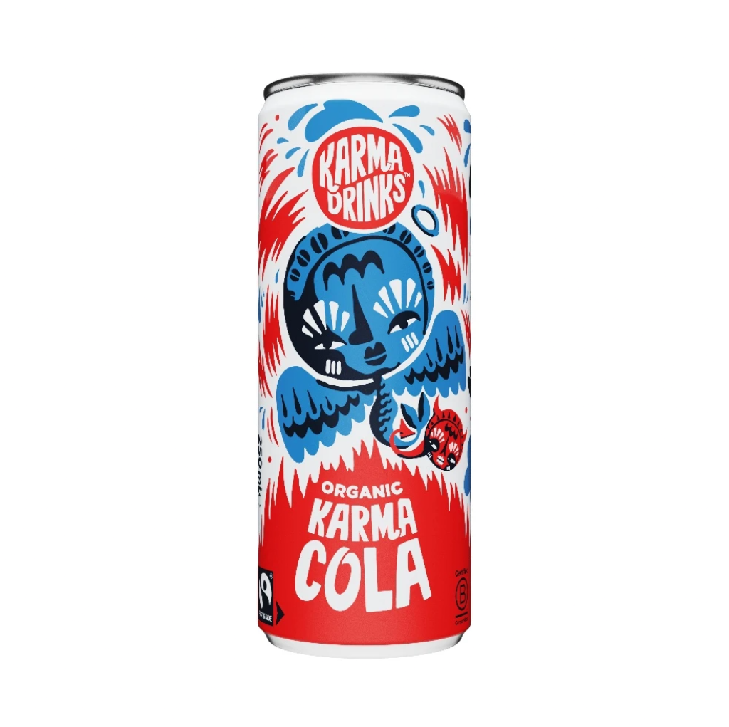 A 250ml aluminium can of Karma Drinks Organic Karma Cola, featuring a vibrant red, white, and blue graphic design with a stylized blue bird character on a plain white background.
