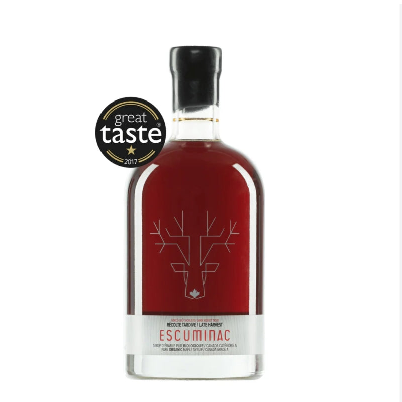 Organic Maple Syrup (200ml) – Pure, Fairtrade in a glass bottle with a Great Taste 2017 award label visible