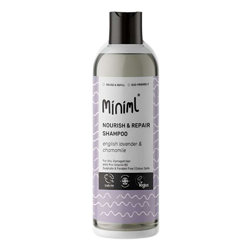 Shampoo bottle with purple label on a white background