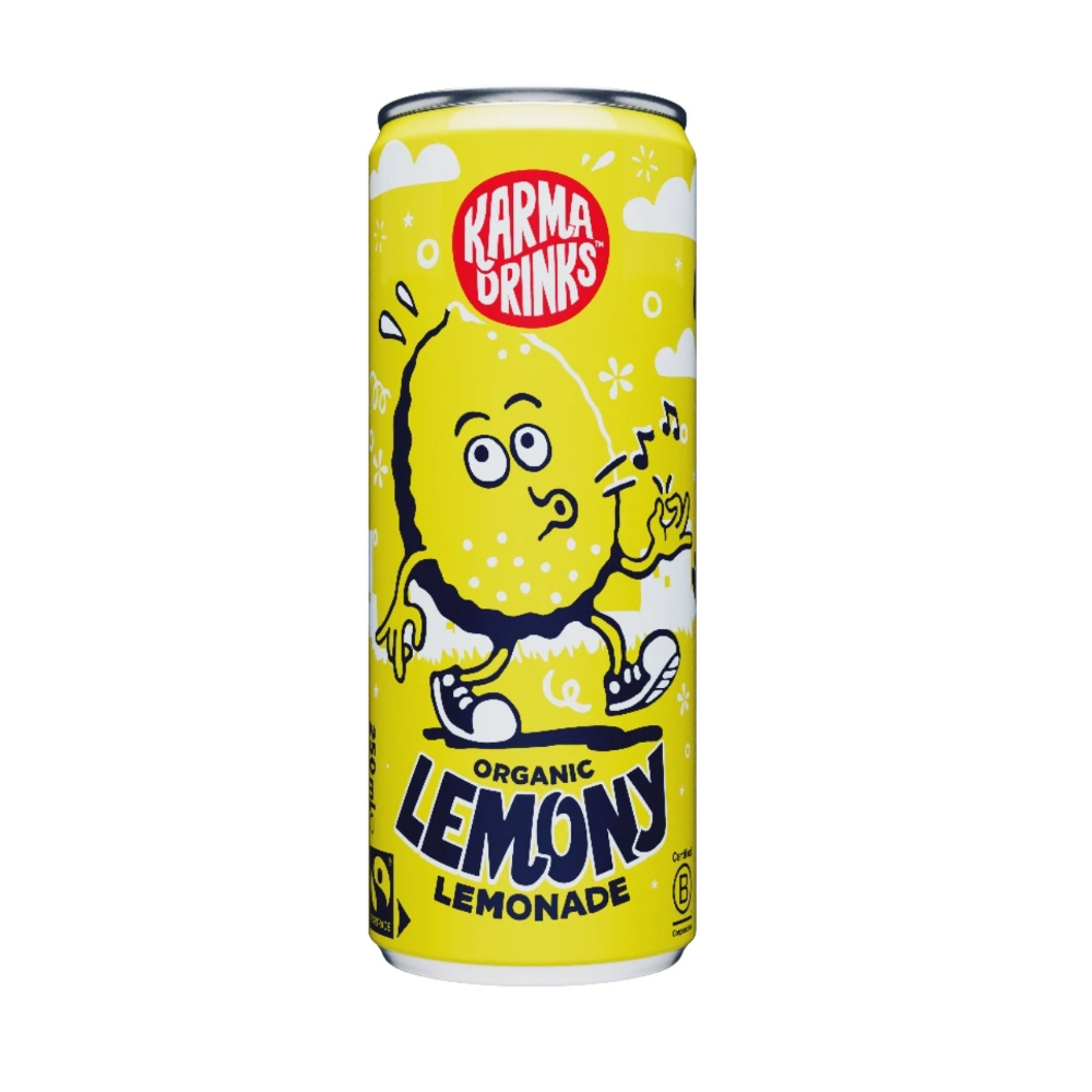 A can of Karma Drinks Organic Lemony Lemonade on a plain white background. The can is bright yellow with a cartoon lemon character and bold dark blue text.