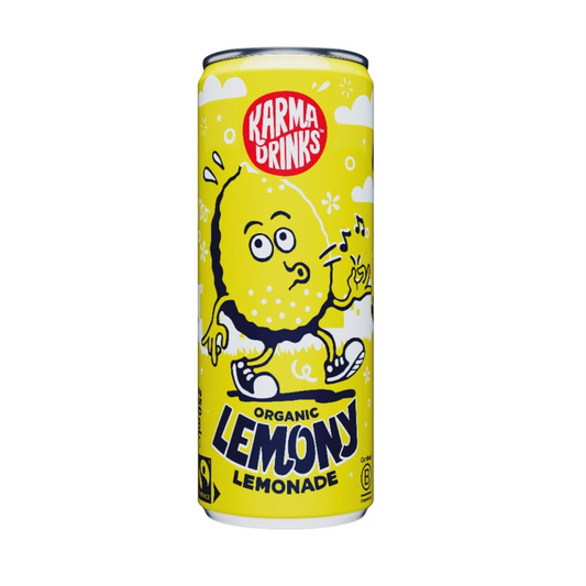 A can of Karma Drinks Organic Lemony Lemonade on a plain white background. The can is bright yellow with a cartoon lemon character and bold dark blue text.