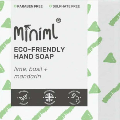 Miniml eco-friendly hand soap packaging with lime, basil, and mandarin scent on a white background.