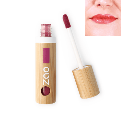 Lip Ink Refillable (3.8g) with bamboo packaging and applicator showing rich berry color on lips.