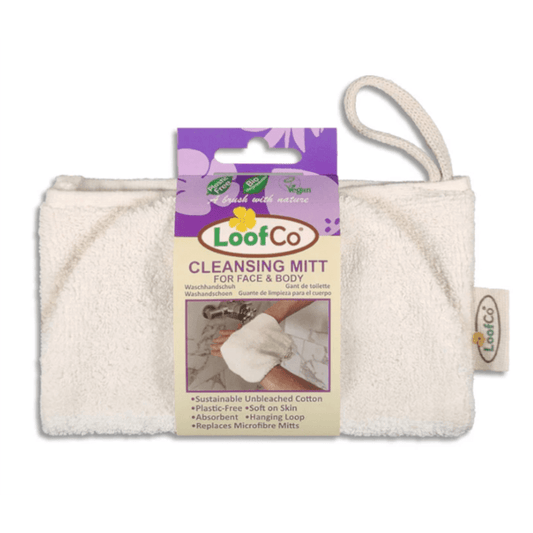 LoofCo cleansing mitt with packaging on a white background