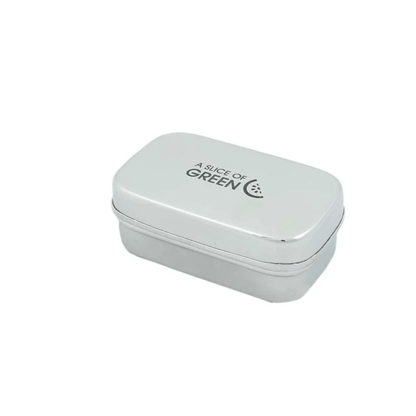 White rectangular tin with 'A Slice of Green' branding on a white background
