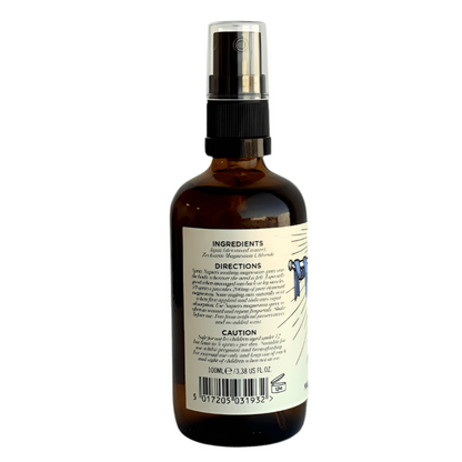 Napiers branded glass Amber spray bottle with ingredients label on a white background