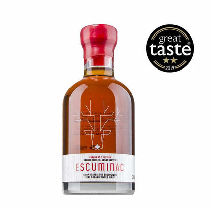 Organic Maple Syrup (200ml) – Pure, Fairtrade in a glass bottle with red cap and Great Taste award badge