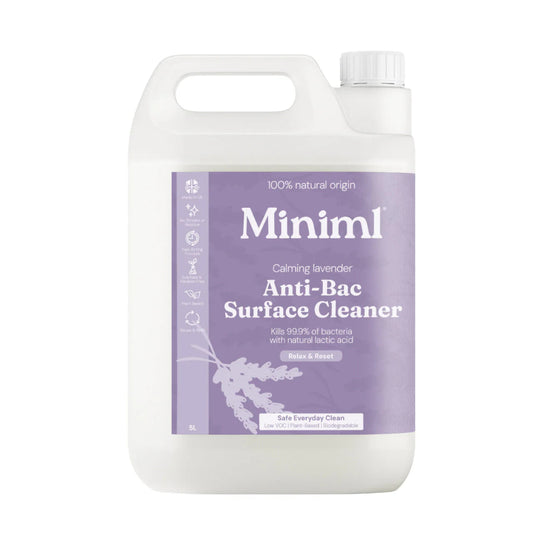 Anti-bacterial surface cleaner bottle with purple label on a white background