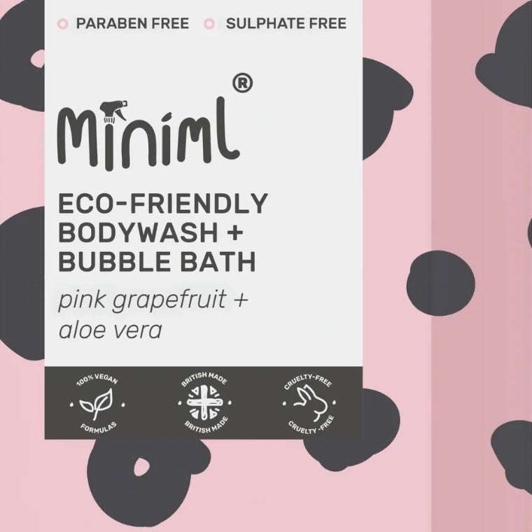 Miniml eco-friendly bodywash and bubble bath packaging with pink grapefruit and aloe vera on a pink background with black cloud patterns.