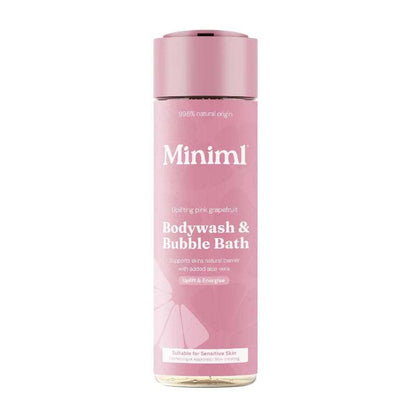 Pink bottle of bodywash and bubble bath with 'Miniml' branding on a white background