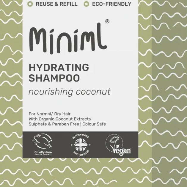 Miniml Hydrating Shampoo packaging with green and white design