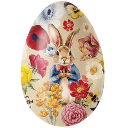 Refillable Easter Egg Tin decorated with a vintage rabbit illustration surrounded by colorful spring flowers