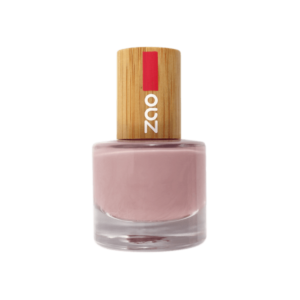 Nail Polish (8ml) in a muted pink shade with a bamboo cap, eco-friendly and refillable packaging design