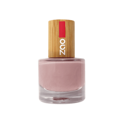 Nail Polish (8ml) in a muted pink shade with a bamboo cap, eco-friendly and refillable packaging design