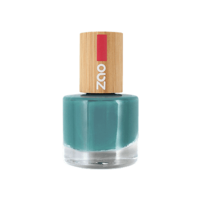 Bottle of Nail Polish (8ml) with teal color and eco-friendly wooden cap on white background