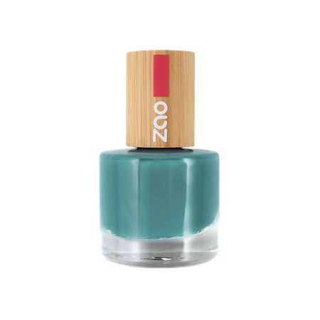 Bottle of Nail Polish (8ml) in teal color with a natural wood-textured cap on a white background