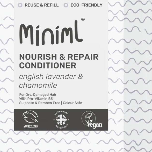 Miniml Nourish & Repair Conditioner packaging with text and logos on a white background